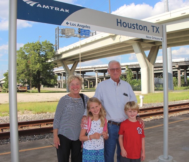 Rex, Adrian, Savannah, and Turner at the Houston Amtrak station before their trip to California